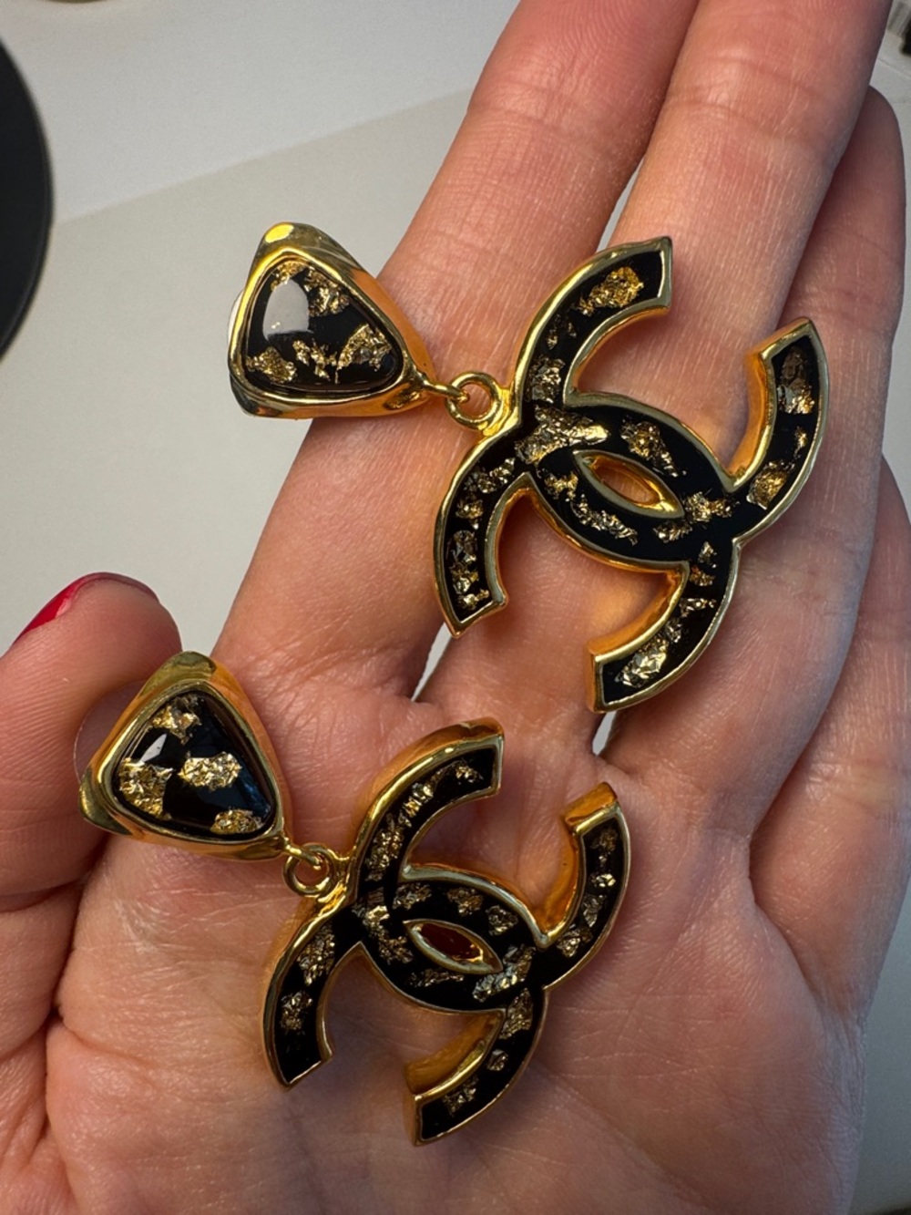 NWT- CHANEL Gold and Black Interlocking Logo Drop Earrings- 100% AUTHENTIC